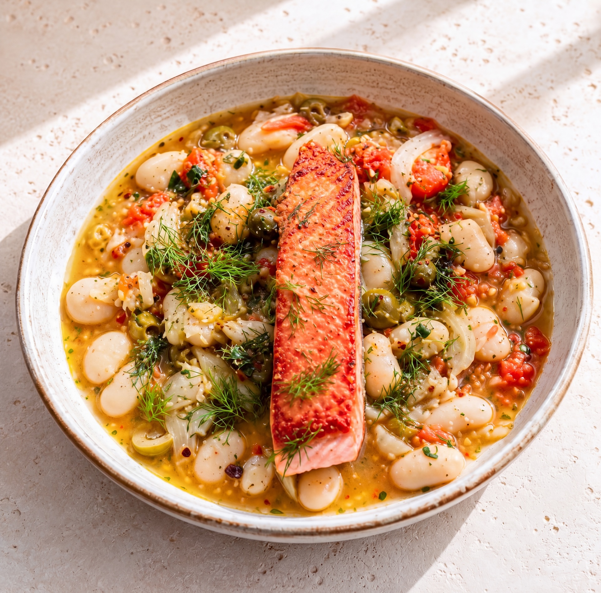 Seared salmon with white beans, tomatoes, and fresh dill