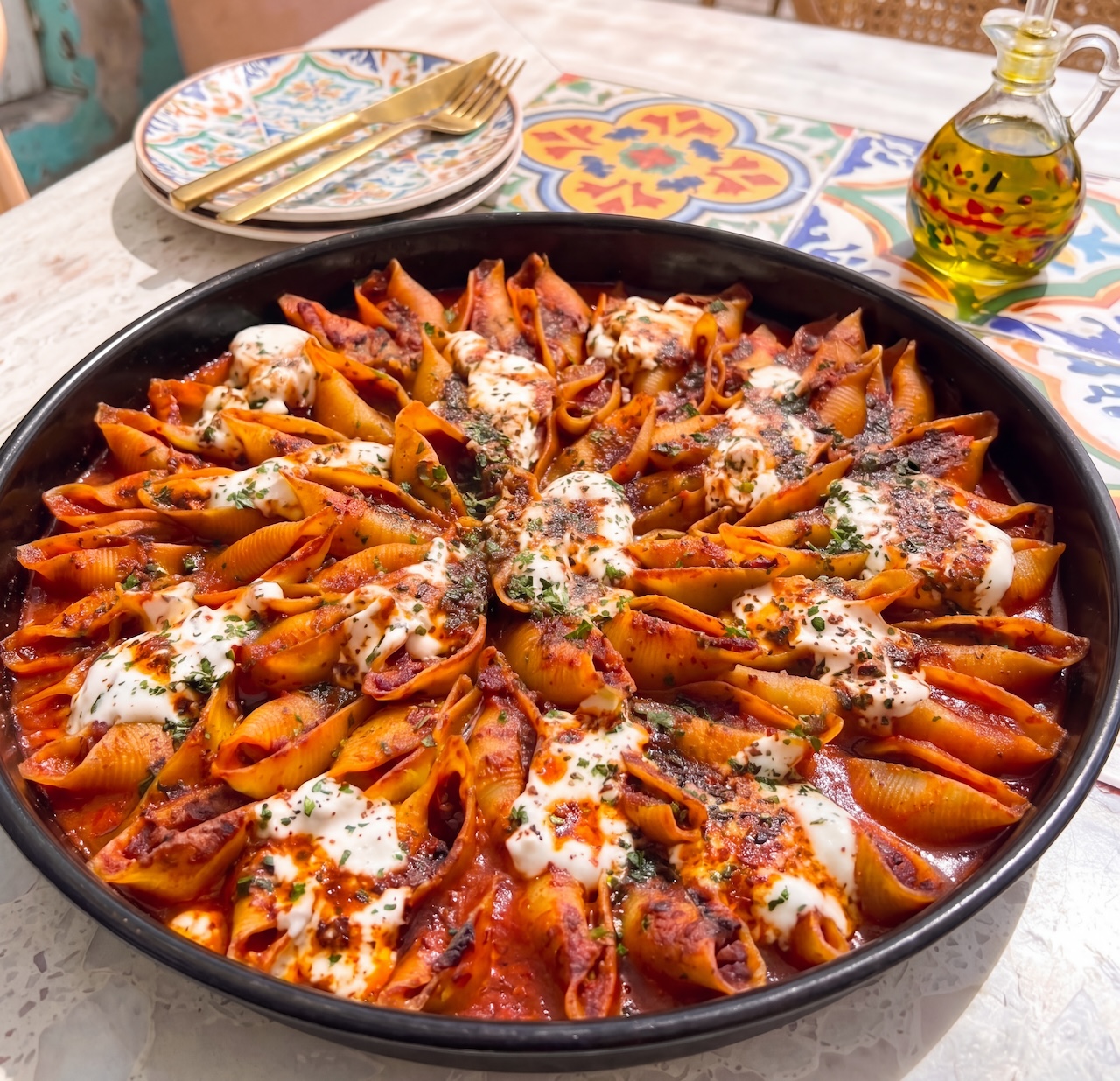 Stuffed manti shells with yogurt and herbs